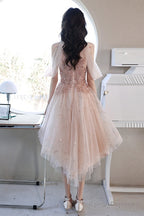 Off Shoulder Pink High Low Tulle With Beaded Homecoming Dress, Pink High Low Prom Dress Graduation Dress