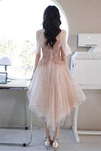 Off Shoulder Pink High Low Tulle With Beaded Homecoming Dresses Pink High Low Prom Dresses Graduation Dresses