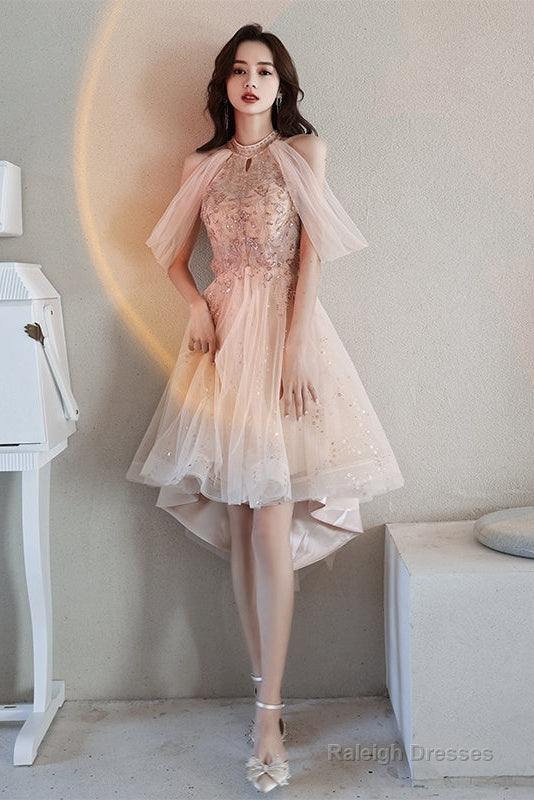 Off Shoulder Pink High Low Tulle With Beaded Homecoming Dresses Pink High Low Prom Dresses Graduation Dresses