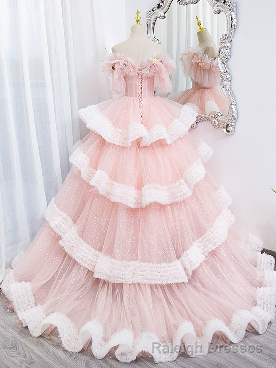 Off Shoulder Pink Long Prom Dresses, Ball Gowns Pink Sweet 16 Dresses