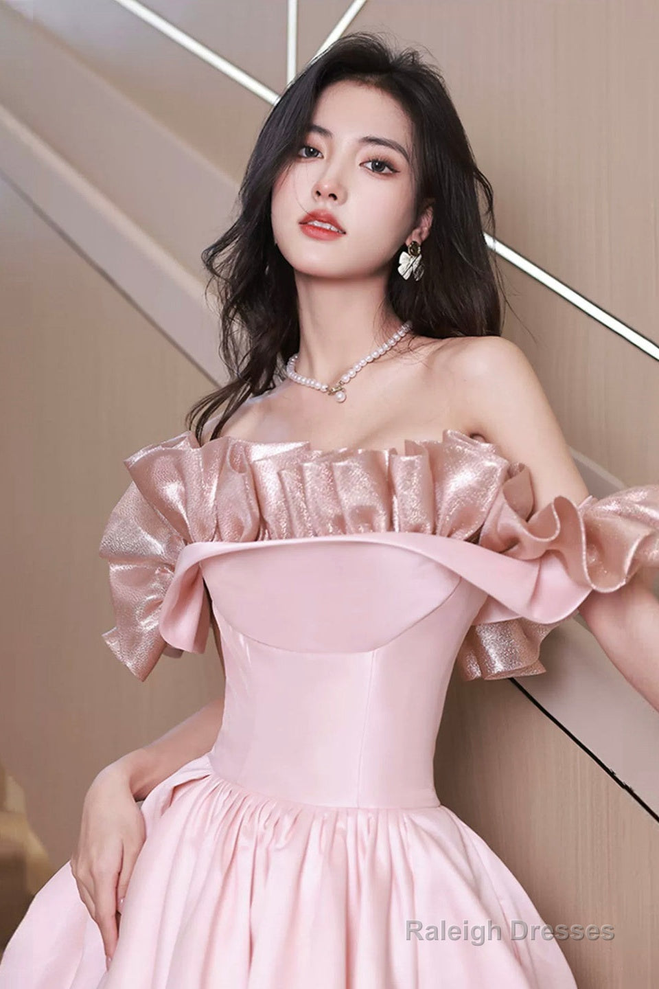 Off Shoulder Pink Satin Long Formal Dress, Pink Evening Dress Party Dress Secondary image