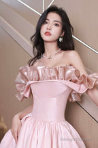 Off Shoulder Pink Satin Long Formal Dress, Pink Evening Dress Party Dress