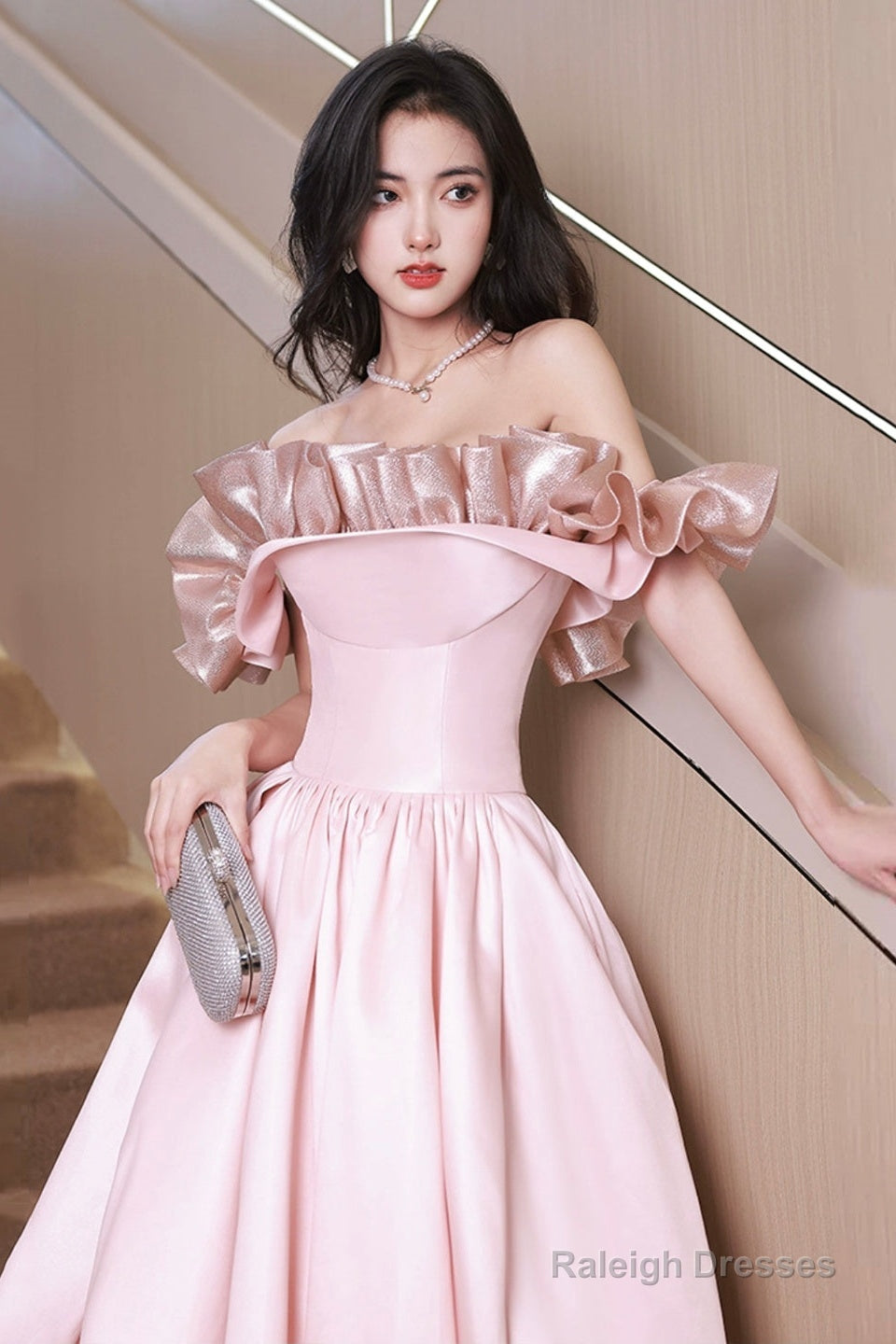 Off Shoulder Pink Satin Long Prom Dresses Pink Prom Dresseses