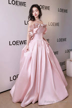 Off Shoulder Pink Satin Long Prom Dresses Pink Prom Dresseses