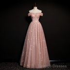 Off Shoulder Pink Tulle Long A-line Prom Dress with Beadings, Pink Long Party Dress Evening Dress