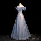 Off Shoulder Puffy Sleeves Beaded Prom Dress, Blue Prom Gowns
