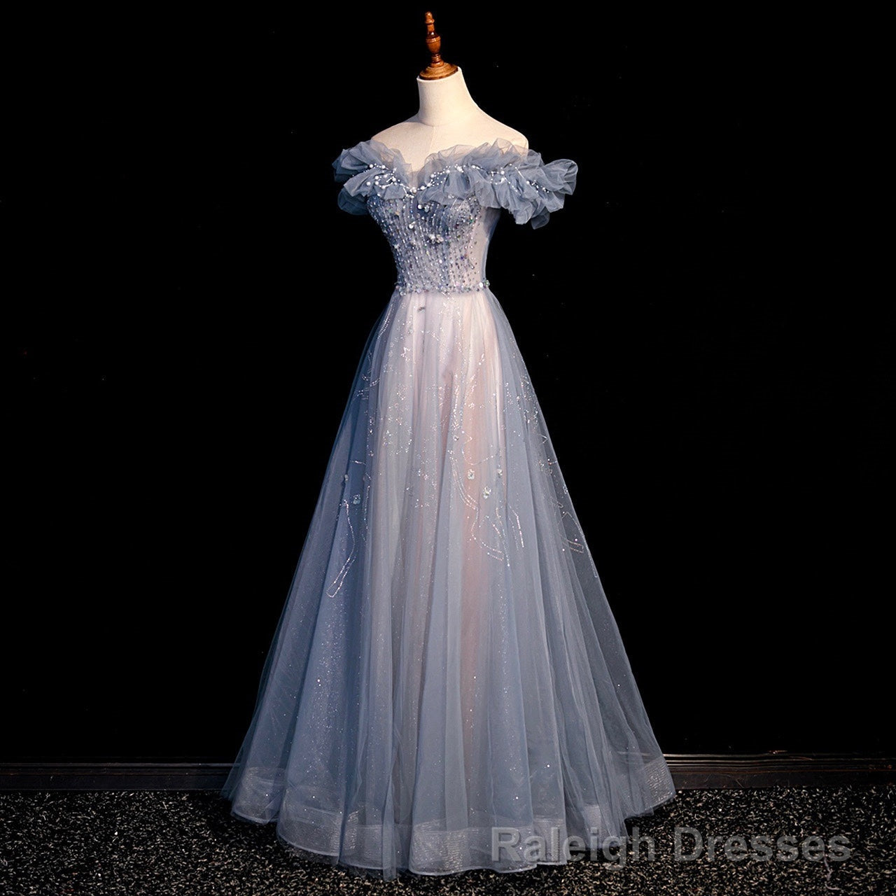 Off Shoulder Puffy Sleeves Beaded Prom Dress, Blue Prom Gowns