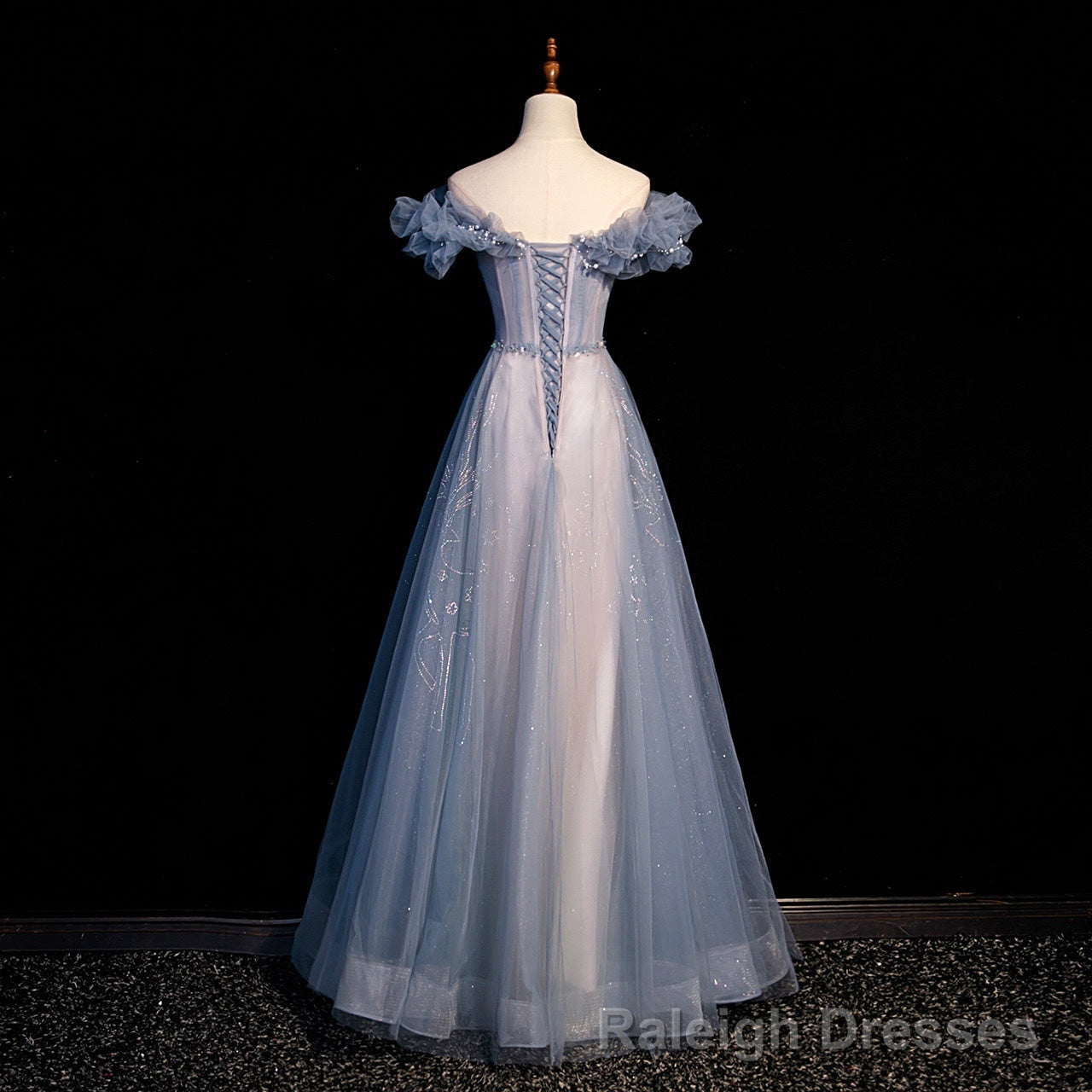 Off Shoulder Puffy Sleeves Beaded Party Dress Prom Dress, Blue Evening Gown Main image