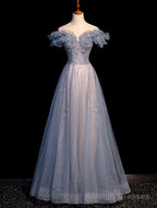 Off Shoulder Puffy Sleeves Beaded Prom Dress, Blue Prom Gowns