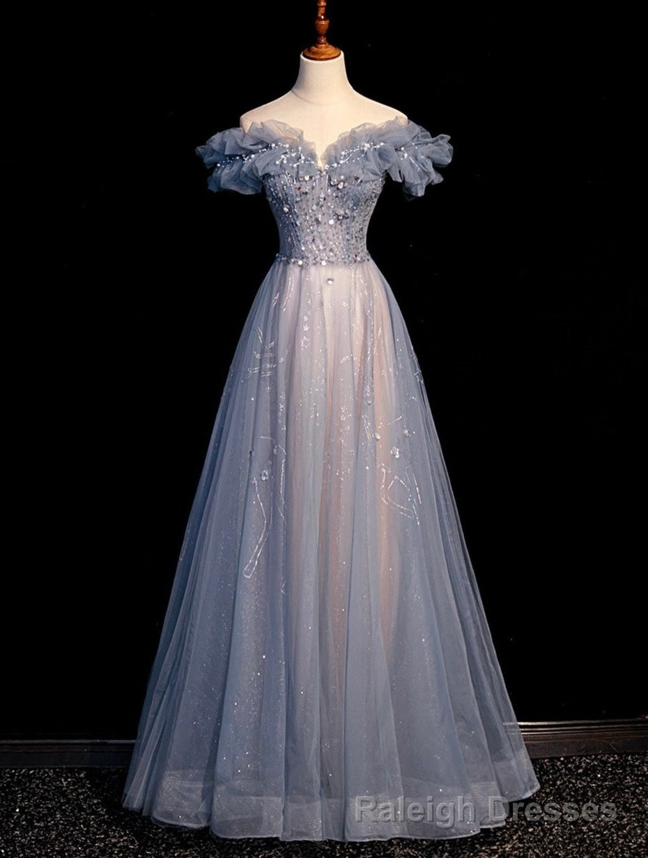 Off Shoulder Puffy Sleeves Beaded Prom Dress, Blue Prom Gowns