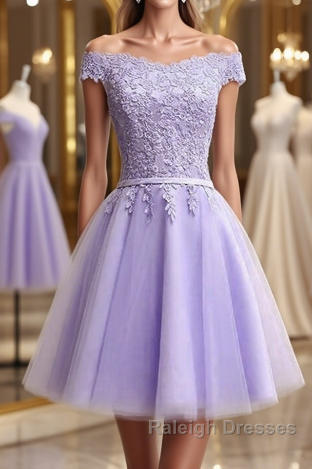 Off Shoulder Purple Lace Short Prom Dress, Lilac Lace Homecoming Dress, Short Purple Formal Evening Dress