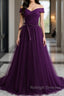 Off Shoulder Purple Tulle Long Prom Dresses, Off the Shoulder Purple Formal Dresses, Purple Evening Dresses