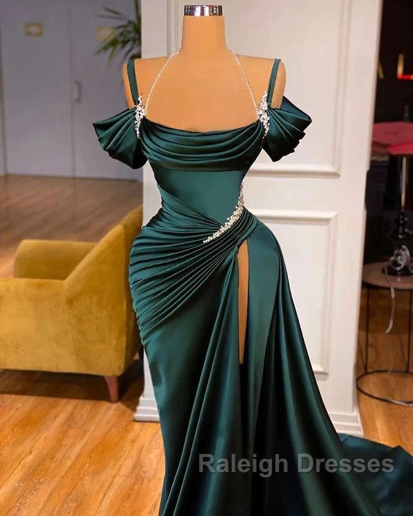 Off Shoulder Satin Green Slit Beading Mermaid Prom Dresses Secondary image