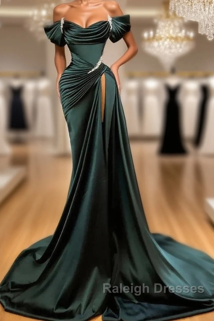 Off Shoulder Satin Green Slit Beading Mermaid Prom Dress