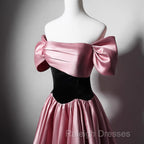 Off Shoulder Satin Scoop A-Line Long Party Dress, Pink And Black Prom Dress Evening Dress