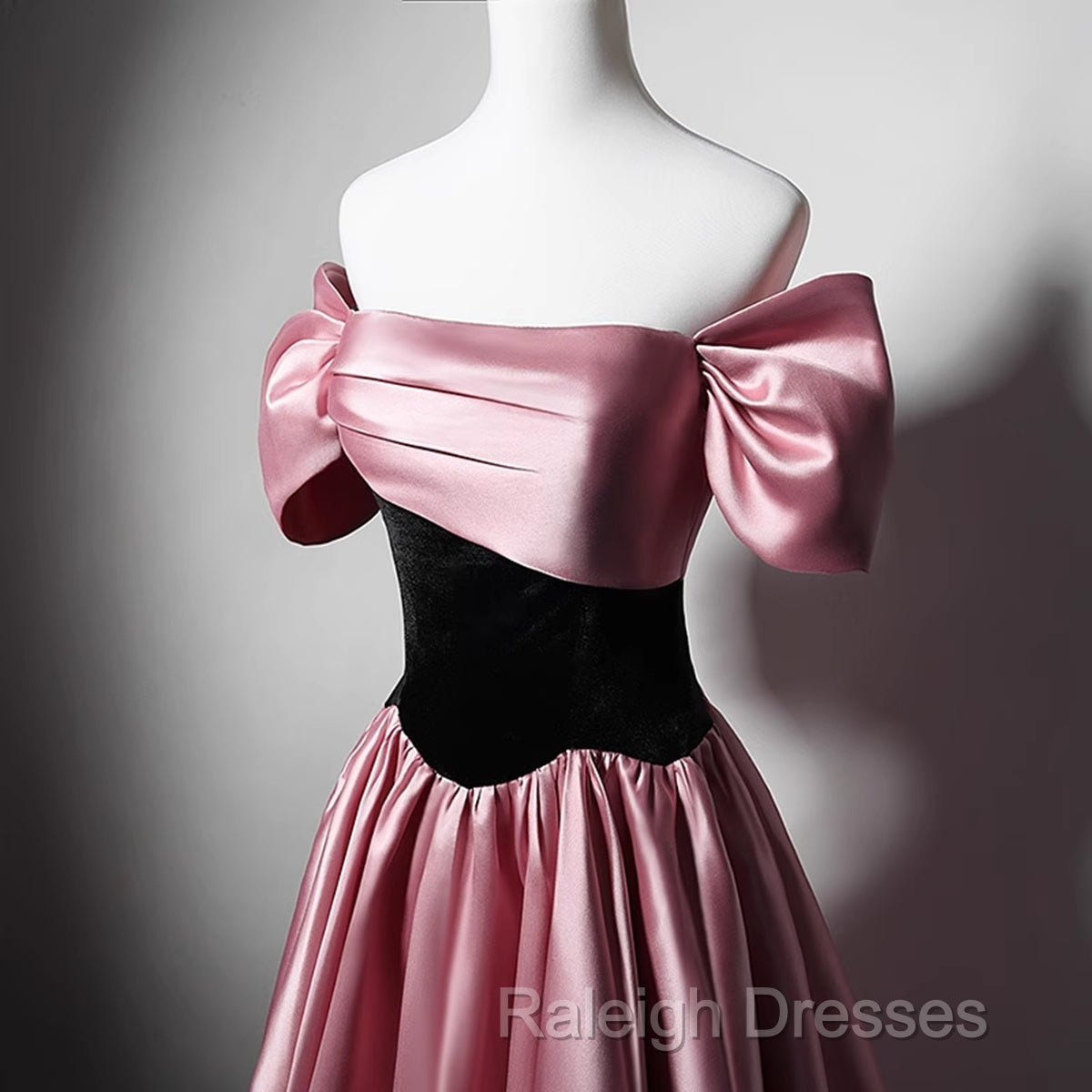Off Shoulder Satin Scoop A-Line Long Party Dress, Pink And Black Prom Dress Evening Dress