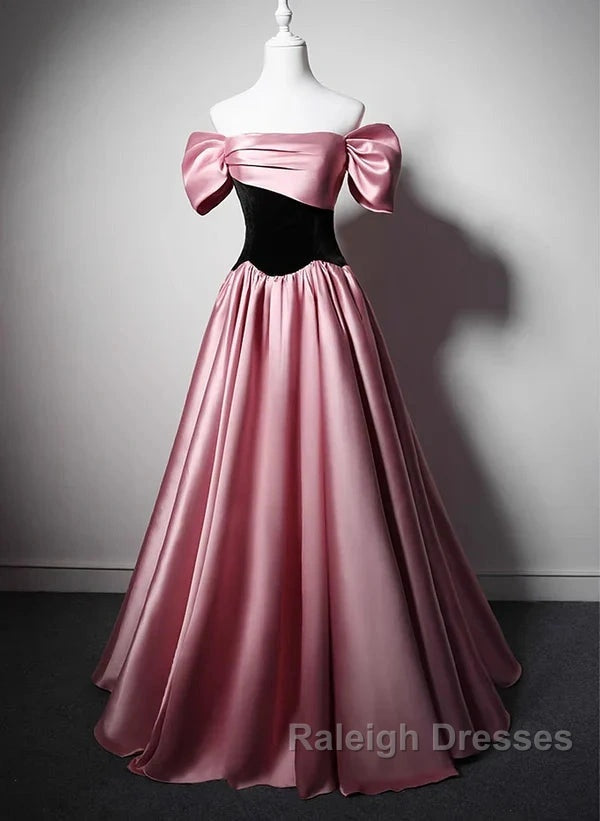 Off Shoulder Satin Scoop A-Line Long Party Dress Prom Dress Evening Dress