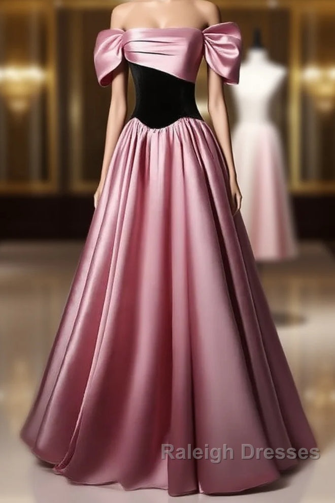 Off Shoulder Satin Scoop A-Line Long Prom Dresseses Prom Dresses Main image