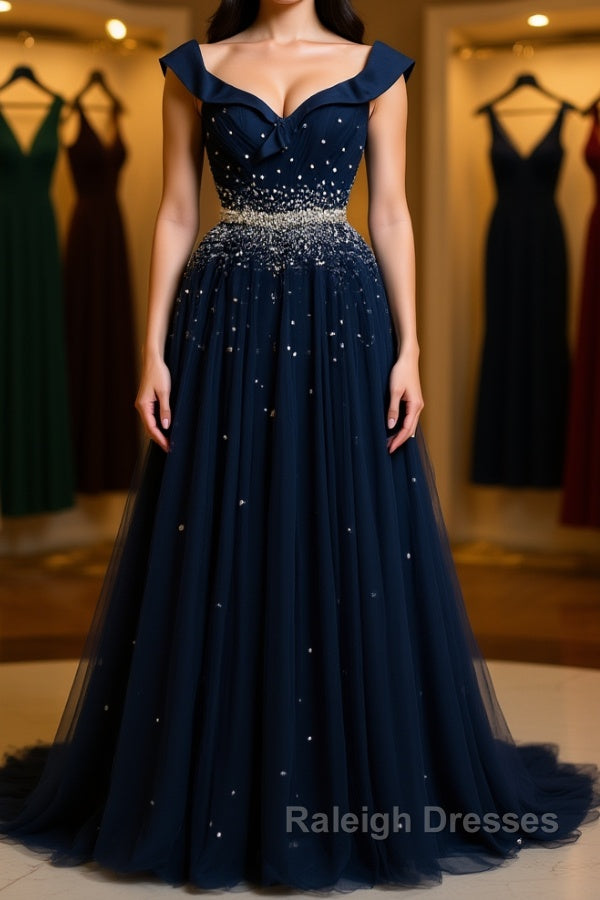 Off Shoulder Sequins Dark Blue Long Prom Dress, Dark Blue Formal Dress, Off Shoulder Evening Dress Main image