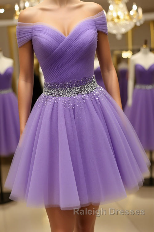 Off Shoulder Sequins Purple Short Prom Dresses, Off the Shoulder Purple Homecoming Dresses, Short Purple Formal Evening Dresses Main image