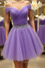 Off Shoulder Sequins Purple Short Prom Dresses, Off the Shoulder Purple Homecoming Dresses, Short Purple Formal Evening Dresses