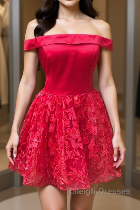 Off Shoulder Short Red Lace Prom Dress, Off Shoulder Red Lace Formal Graduation Dress, Red Lace Homecoming Dress