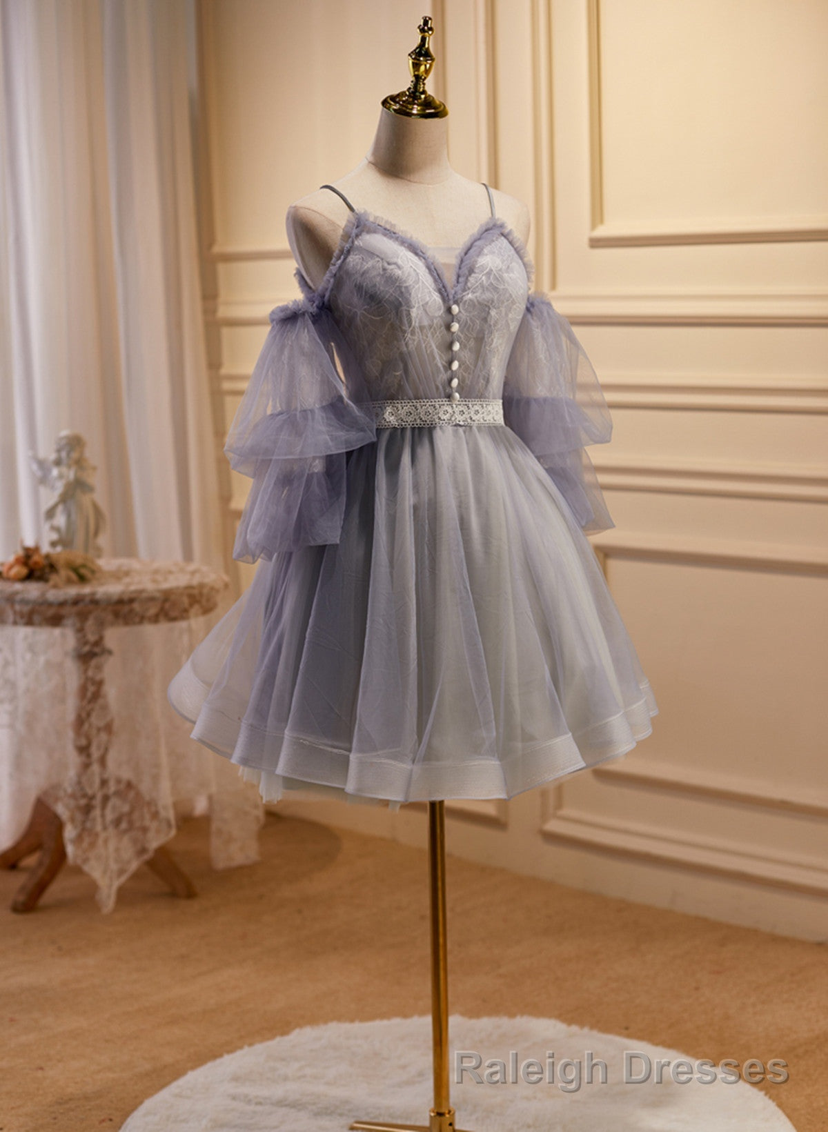 Off Shoulder Short Tulle Prom Dress with Lace, Off Shoulder Homecoming Dress