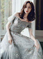 Off Shoulder Sweetheart A-Line Green Long Prom Dresses Tulle With Lace Prom Dresses