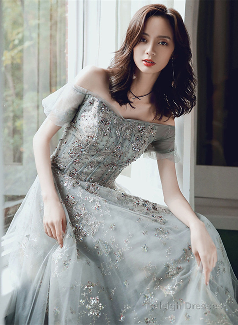 Off Shoulder Sweetheart A-Line Green Long Prom Dresses Tulle With Lace Prom Dresses
