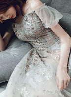 Off Shoulder Sweetheart A-Line Green Long Prom Dresses Tulle With Lace Prom Dresses