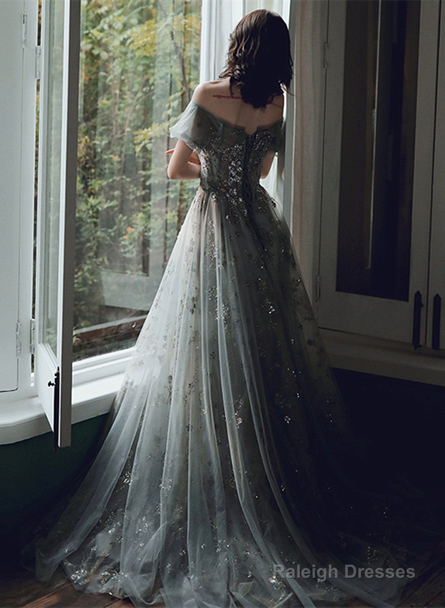 Off Shoulder Sweetheart A-Line Green Long Prom Dresses Tulle With Lace Prom Dresses