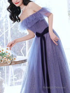 Off Shoulder Sweetheart Tulle Light Purple Prom Dresses A-Line Tulle Junior Prom Dress