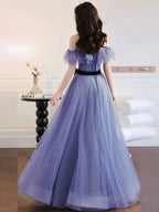 Off Shoulder Sweetheart Tulle Light Purple Prom Dresses A-Line Tulle Junior Prom Dress