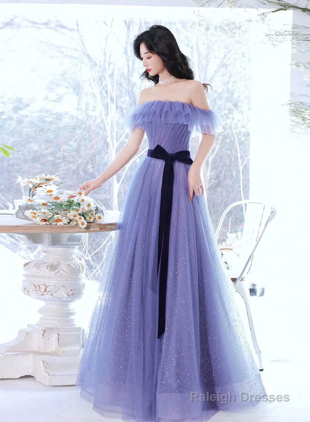 Off Shoulder Sweetheart Tulle Light Purple Formal Dress, A-Line Tulle Junior Prom Dresses Main image