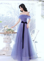 Off Shoulder Sweetheart Tulle Light Purple Prom Dresses A-Line Tulle Junior Prom Dress