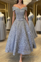 Off Shoulder Tea Length Gray Lace Prom Dresses, Off the Shoulder Gray Homecoming Dresses, Gray Lace Formal Evening Dresses