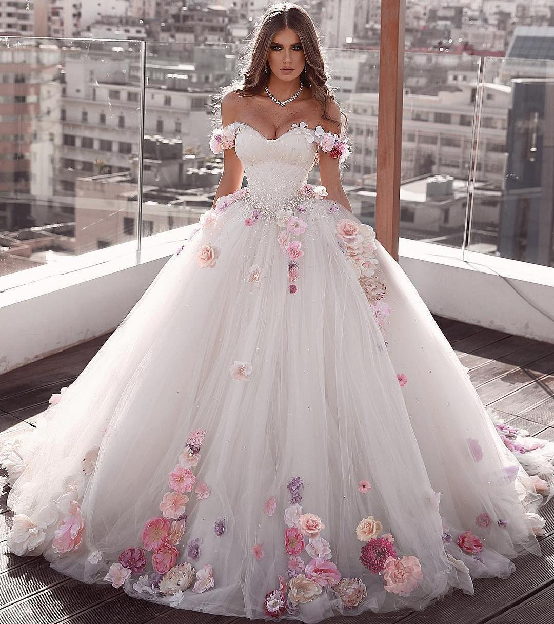 Off Shoulder Tulle Ball Gowns Wedding Dress Floral Flowers Beaded Secondary image