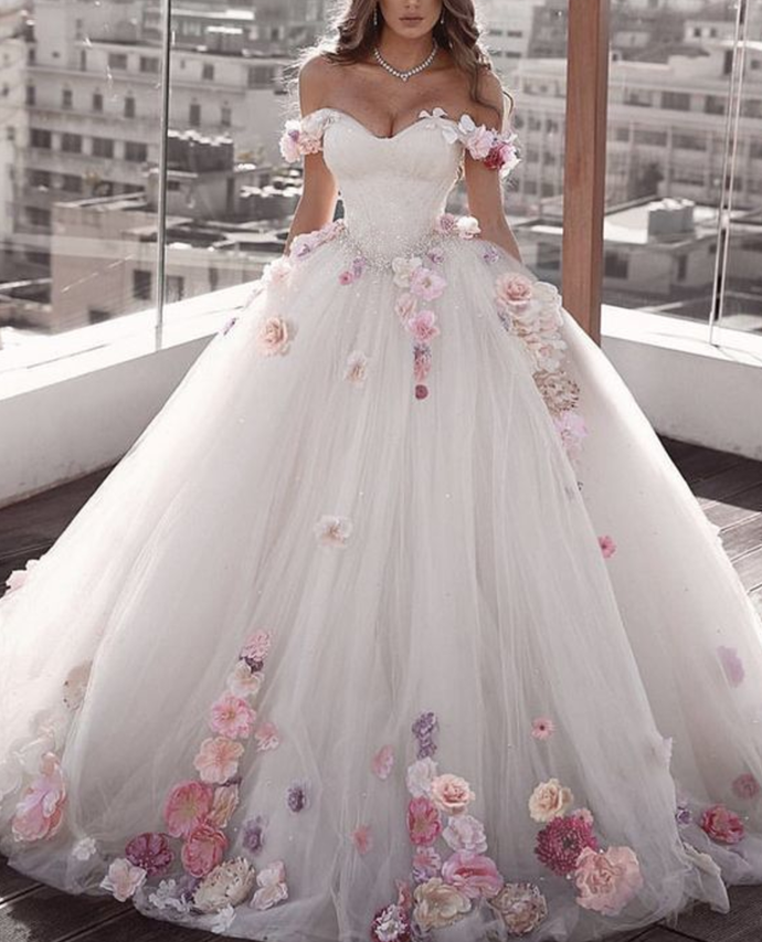 Off Shoulder Tulle Ball Gowns Wedding Dress Floral Flowers Beaded Main image