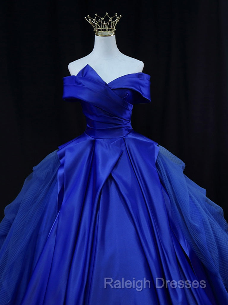 Off Shoulder Tulle Satin Blue Long Prom Gown Blue Long Prom Dresses