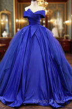 Off Shoulder Tulle Satin Blue Long Prom Gown, Blue Long Evening Dress
