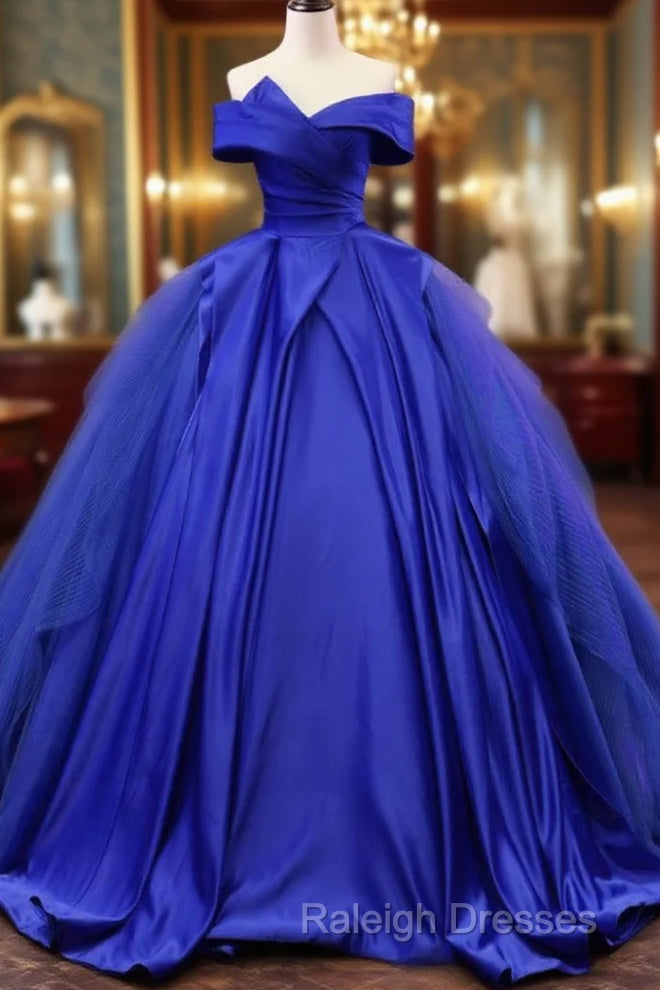 Off Shoulder Tulle Satin Blue Long Prom Gown, Blue Long Evening Dress