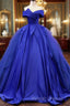 Off Shoulder Tulle Satin Blue Long Prom Gown, Blue Long Evening Dress