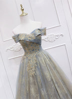 Off Shoulder Tulle With Lace A-Line Junior Prom Dresses Chic Long Prom Dresses