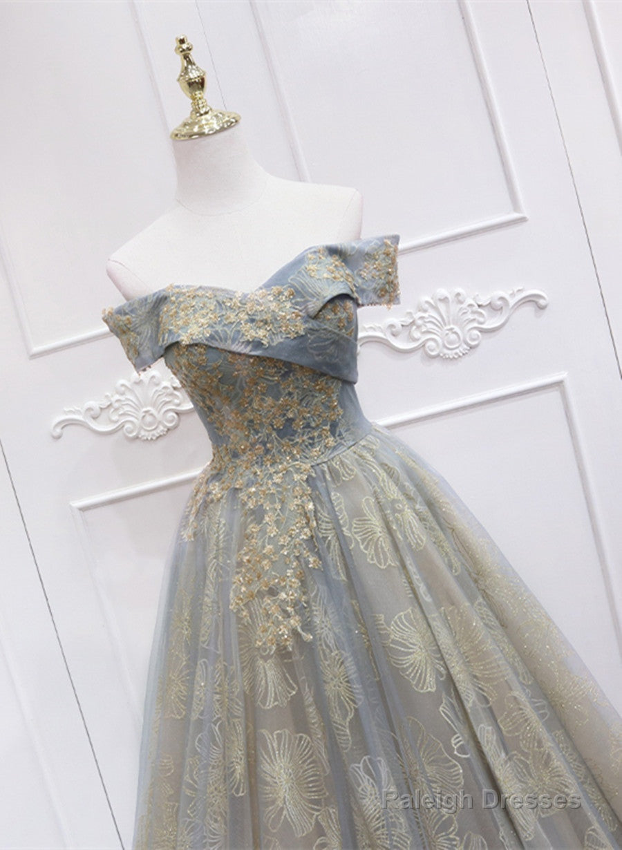 Off Shoulder Tulle With Lace A-Line Junior Prom Dresses Chic Long Prom Dresses