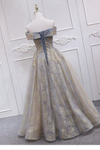 Off Shoulder Tulle With Lace A-Line Junior Prom Dress, Chic Long Party Dress