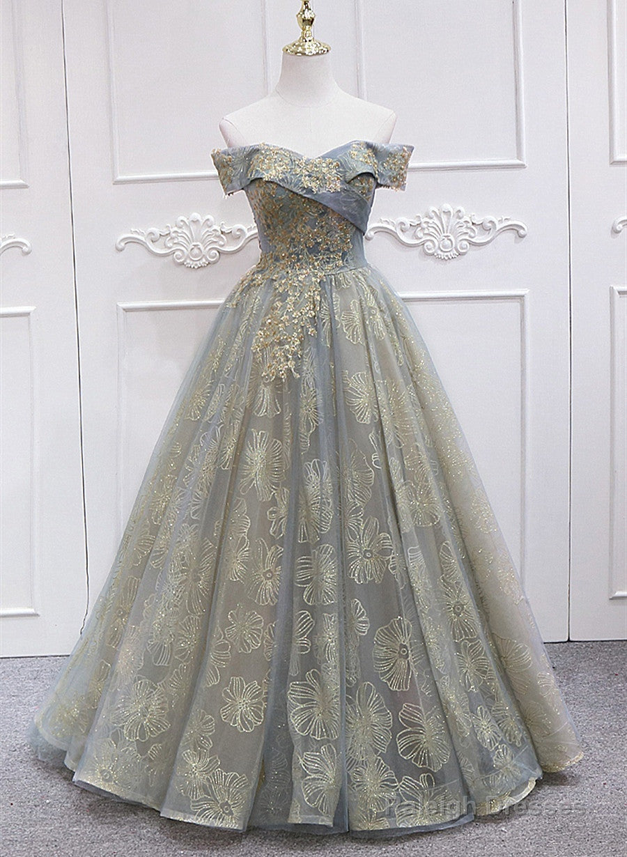 Off Shoulder Tulle With Lace A-Line Junior Prom Dress, Chic Long Party Dress