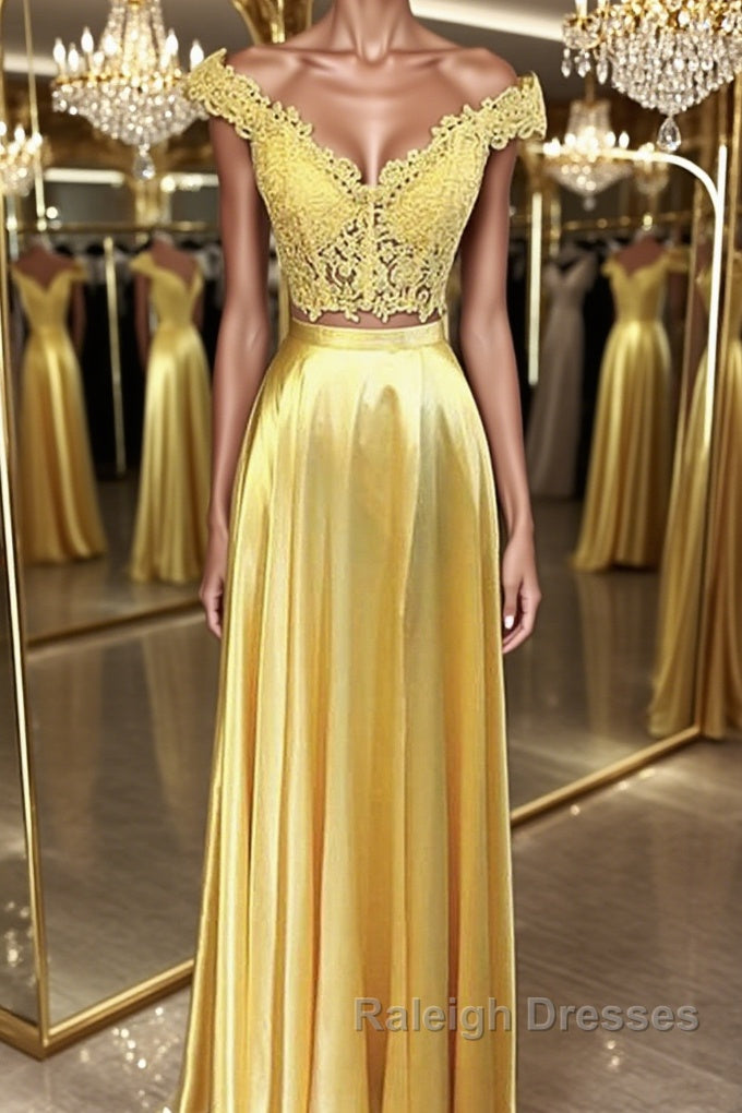 Off Shoulder Two Pieces Lace Yellow Long Prom Dress, Off the Shoulder Yellow Lace Formal Dress, Two Pieces Yellow Lace Evening Dress Main image