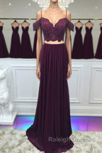 Off Shoulder Two Pieces Purple Lace Long Prom Dresses 2 Pieces Purple Prom Dresses Purple Lace Prom Dresses