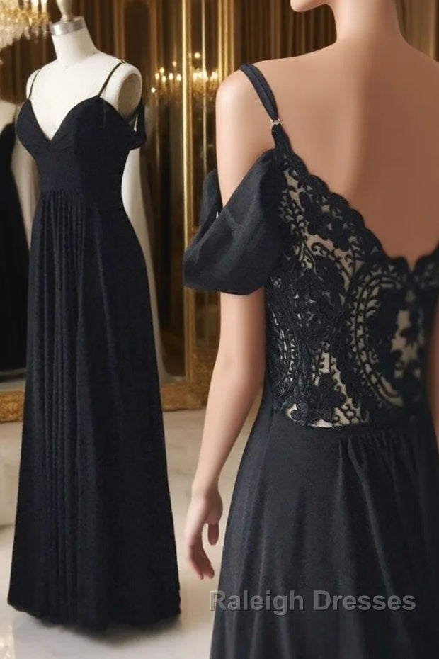 Off Shoulder V Neck Black Lace Long Prom Dress, Off Shoulder Black Formal Dress, Black Lace Evening Dress