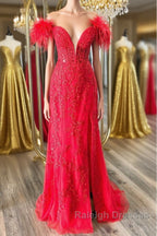 Off Shoulder V Neck Mermaid Red Lace Long Prom Dress with High Slit, Mermaid Red Formal Dress, Red Lace Evening Dress